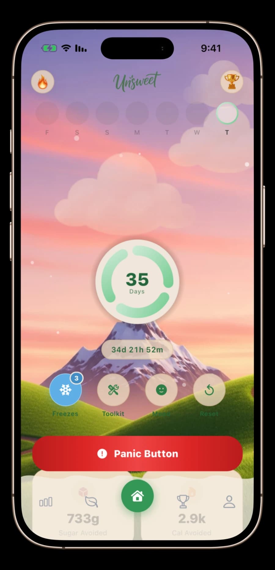 The Unsweet home screen showing a 35-day streak